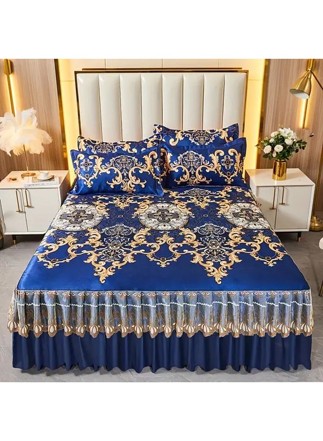 Navy Blue Bed Skirt Set With Lace Trim Floral Print 70 87x78 74 Inch Cooling Polyester - Image 2